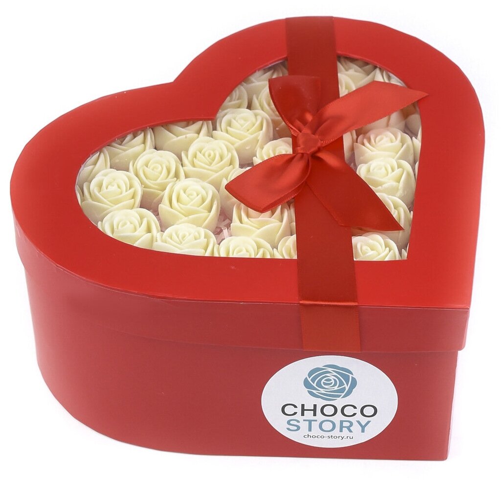 33 Шоколадные съедобные сладкие розы в форме сердца CHOCO STORY в Красной шляпной коробке с крышкой, Цвет: Белый Бельгийский шоколад, 396 гр. ZS33-K-B - фотография № 1