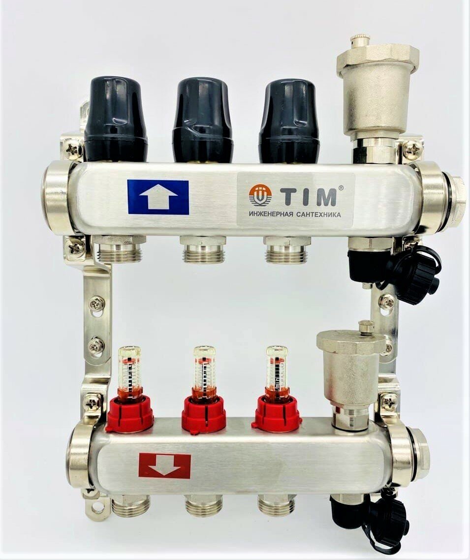 Коллекторная группа с расходомерами из нержавеющей стали 1", 3 контура TIM арт. KCS5003