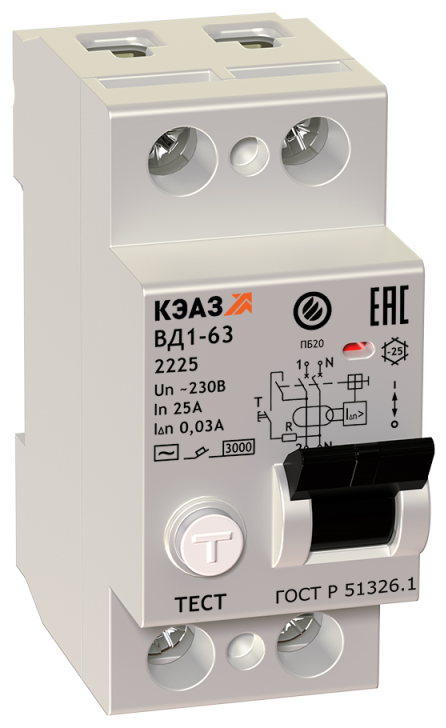 Выключатель дифференциального тока (УЗО) 2п 63А 30мА тип AC ВД1-63 2263 УХЛ4, КЭАЗ 221907 (1 шт.)