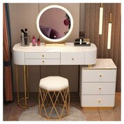 Туалетный столик с керамической столешницей, зеркалом и стулом (100 см белый столик + тумба + умное зеркало + табурет)