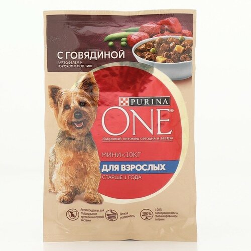 Влажный корм Purina One mini для взрослых собак говядина/Картофель/горох в подливе, 85 г(26 шт.) корм для собак purina one adult с говядиной картофелем и горохом в подливе пауч 85г