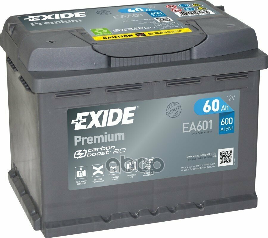 Exide Ea601 Premium_аккумуляторная Батарея! 19.5/17.9 Рус 60Ah 600A 242/175/190 Carbon Boost EXIDE арт. EA601