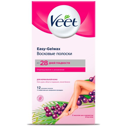 Veet Восковые полоски Easy Gelwax с маслом ши и ароматом ягод для нормальной кожи 30 г 12 шт.