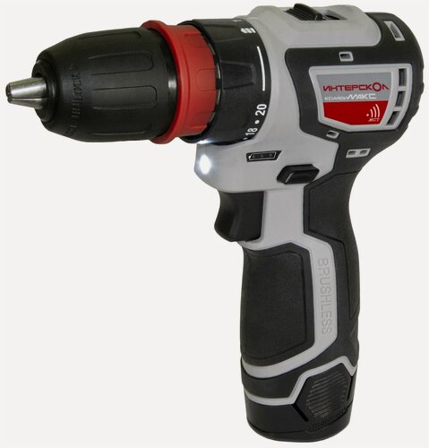 Изображение товара Бесщеточная аккумуляторная дрель-шуруповерт ИНТЕРСКОЛ ДА-10/12В 36, черный/серый