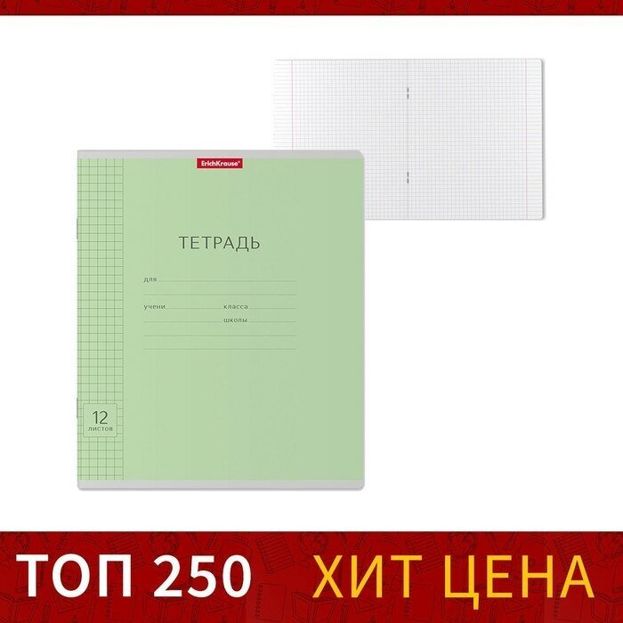 Тетрадь 12 листов в клетку ErichKrause "Классика с линовкой", картонная обложка, зелёная