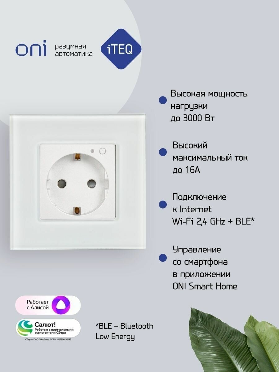Умная розетка 16А с поддержкой WIFI+BLE со стеклянной рамкой и защитными шторками, ONI iTEQ SMART - белая — фото 1