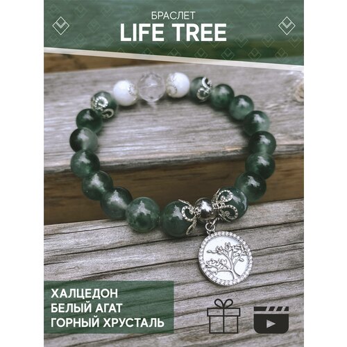 Браслет-нить, горный хрусталь, перламутр, агат, халцедон, металл, 1 шт., размер 18 см, диаметр 8 см, белый, зеленый