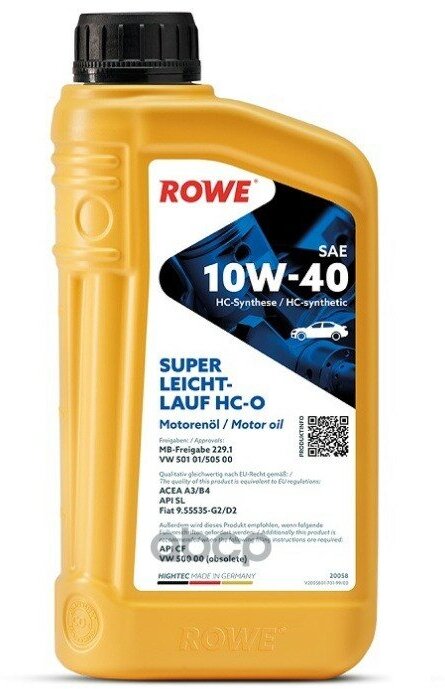 ROWE Масло Моторное 10W-40 Rowe 1Л Нс-Синтетика Hightec Super Leichtlauf Hc-O A3/B4