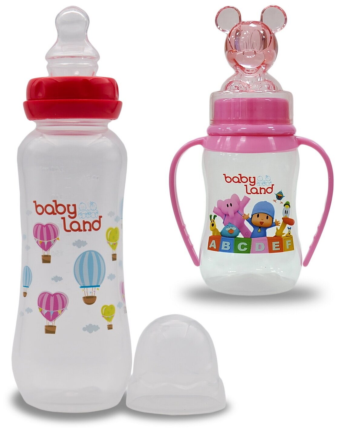 Набор бутылочек "Baby Land" с колпачком-игрушкой, анатомическая соска (150мл и 240мл)