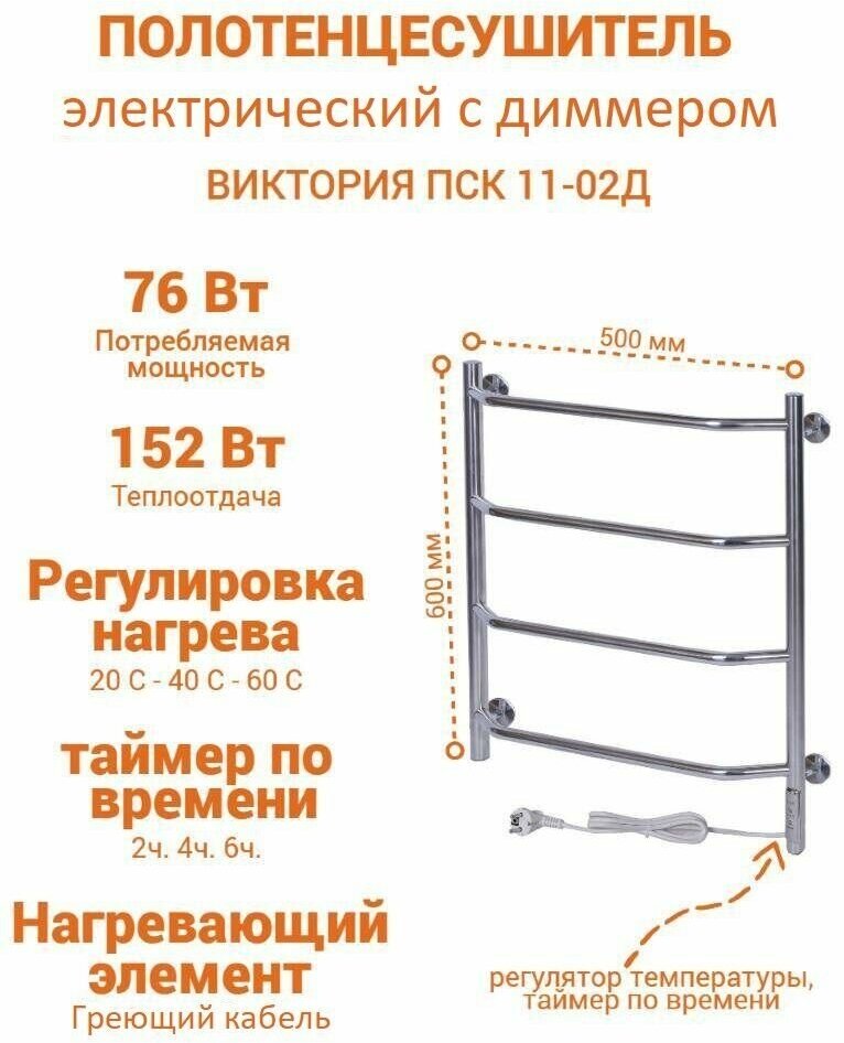 Электрический полотенцесушитель Виктория 500х600 с терморегулятором