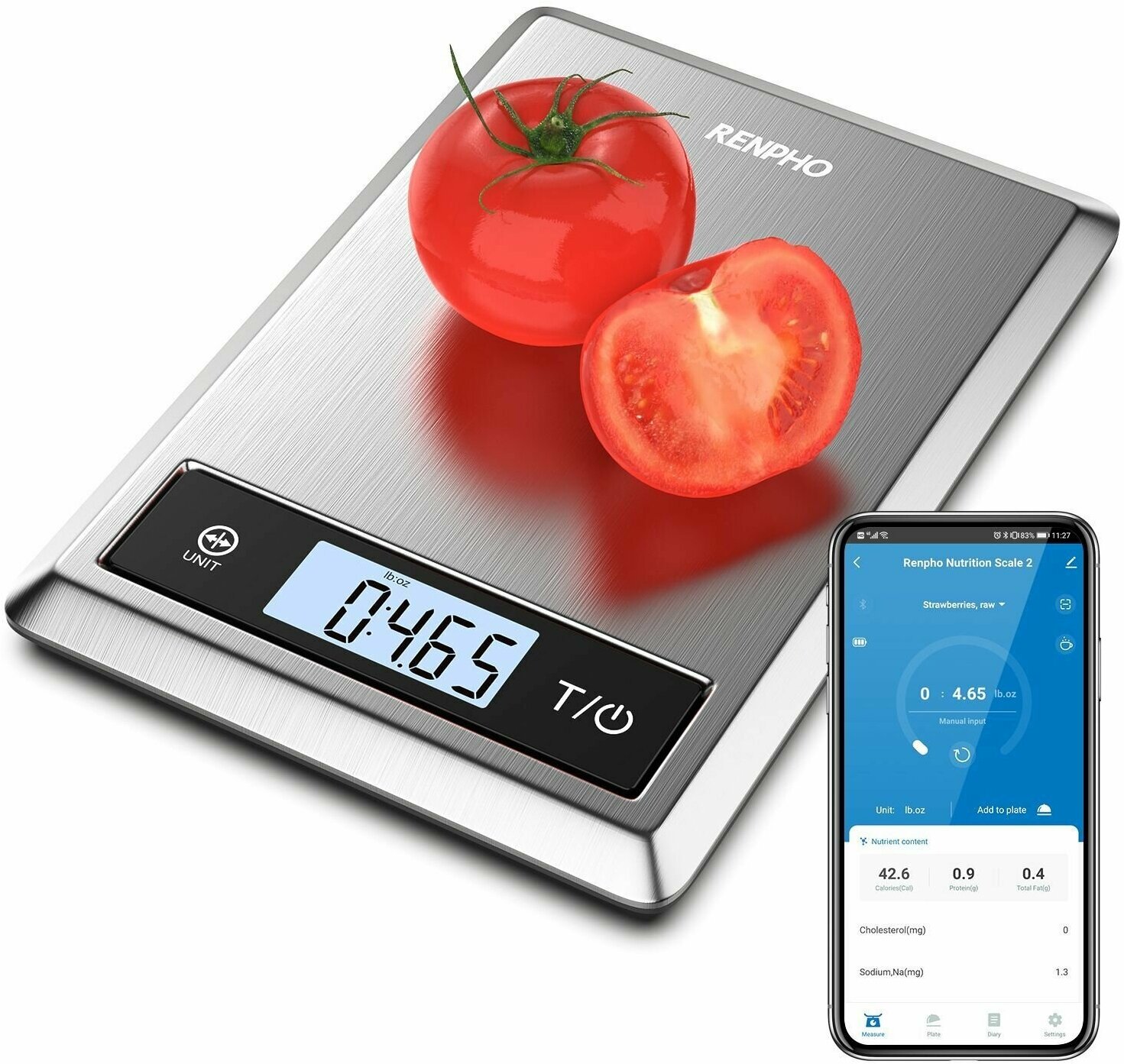 Весы кухонные электронные RENPHO Smart Food Scale 2 ES-SNS01, умные, измерение 23 показателей состава продукта для контроля питания, серебристые - фотография № 8