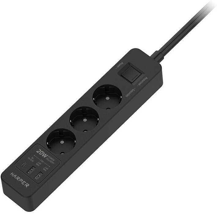 Сетевой фильтр Harper UCH-350 black PD3.0 (3 розетки, 2 USB-порта, 1 порт Type-C, 1,5 метра, шторки, встроенная защита от скачков напряжения и тока)