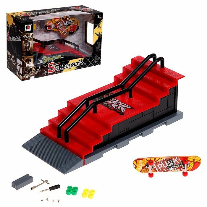 фото Набор скейт-парк «Трюк: прыжок с лестницы», фингерборд с перилами на лесенках