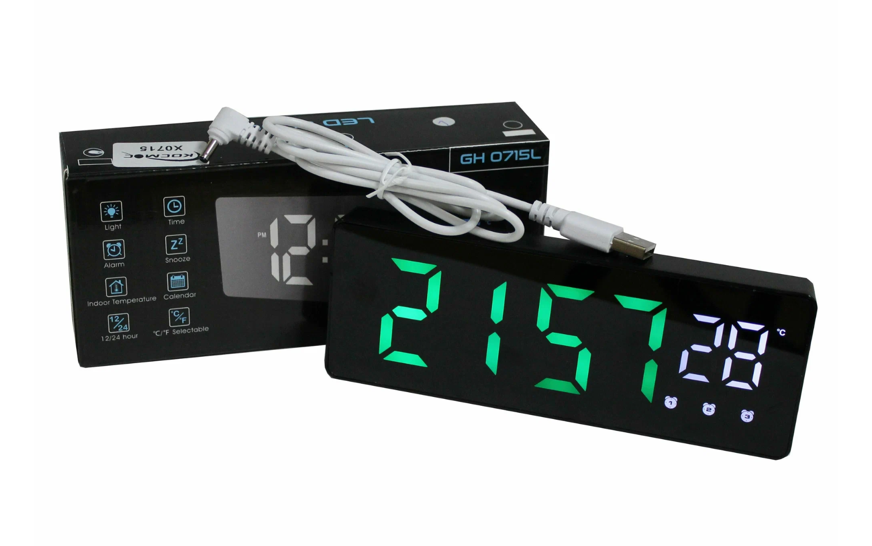 Часы электронные цифровые настольные с будильником, термометром и календарем (Космос X0715) черный корпус Зеленое время, Белая температура