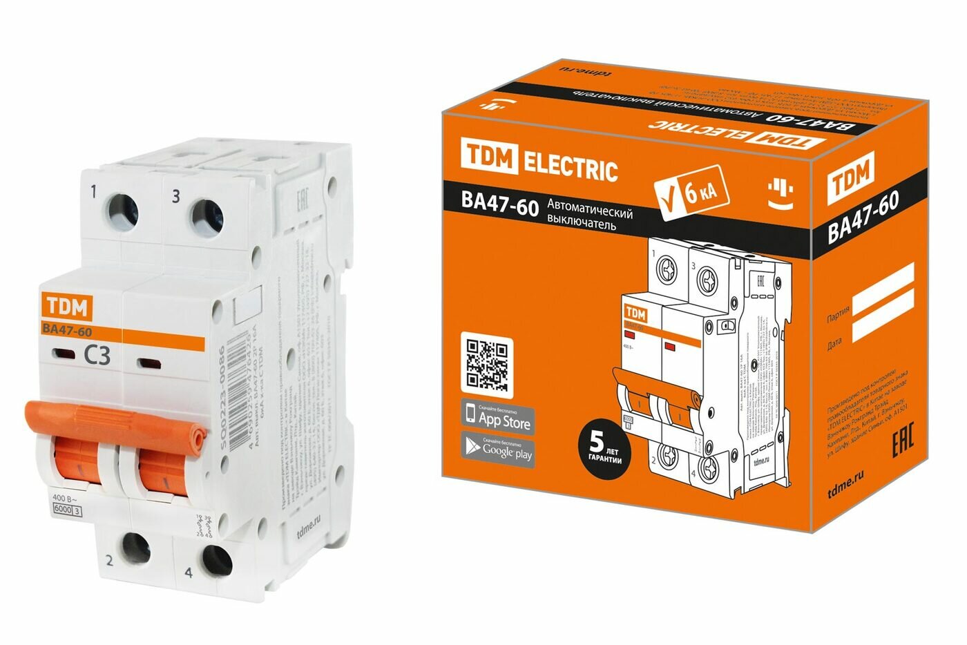 Автоматический выключатель ВА47-60 2Р 3А 6 кА тип С TDM Electric