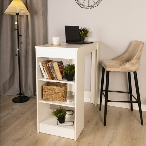 Стол стеллаж кухонный обеденный барный с полками, Белый шагрень