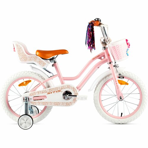 Велосипед детский городской SITIS SANDY 16 2024 от 4 до 6 лет сталь с защитой цепи и корзиной креслом крыльями 1 скорость барабанный тормоз цвет персиковыйбелыйкоричневый на рост 110-125 см 16550₽
