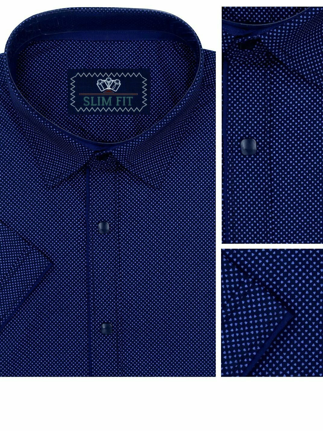 Рубашка Рубашка мужская с коротким рукавом, приталенная, темная сорочка, на кнопках, рубаха на любой сезон, стильный фасон одежды, синяя, в горошек, без карманов, летняя