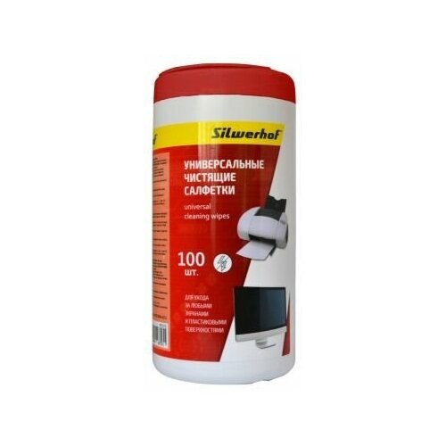 салфетки влажные для поверхностей favorit offic f230007 plastic clean 100шт Салфетки Silwerhof 671215 для компьютеров и оргтехники туба 100шт влажных