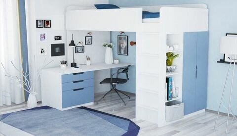 Кровать-чердак Polini kids Simple с письменным столом и шкафом, белый, синий
