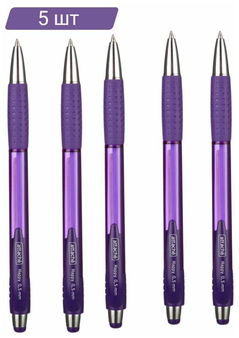 Ручка шариковая автоматическая Attache Happy, фиолетовый корпус, синяя-5шт