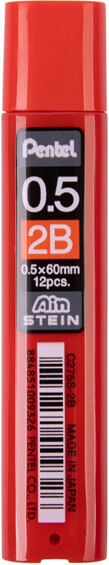 Грифели 12 шт. для карандашей автоматических "Pentel" Ain Stein 0.5 мм в тубе C275S-2B 2B