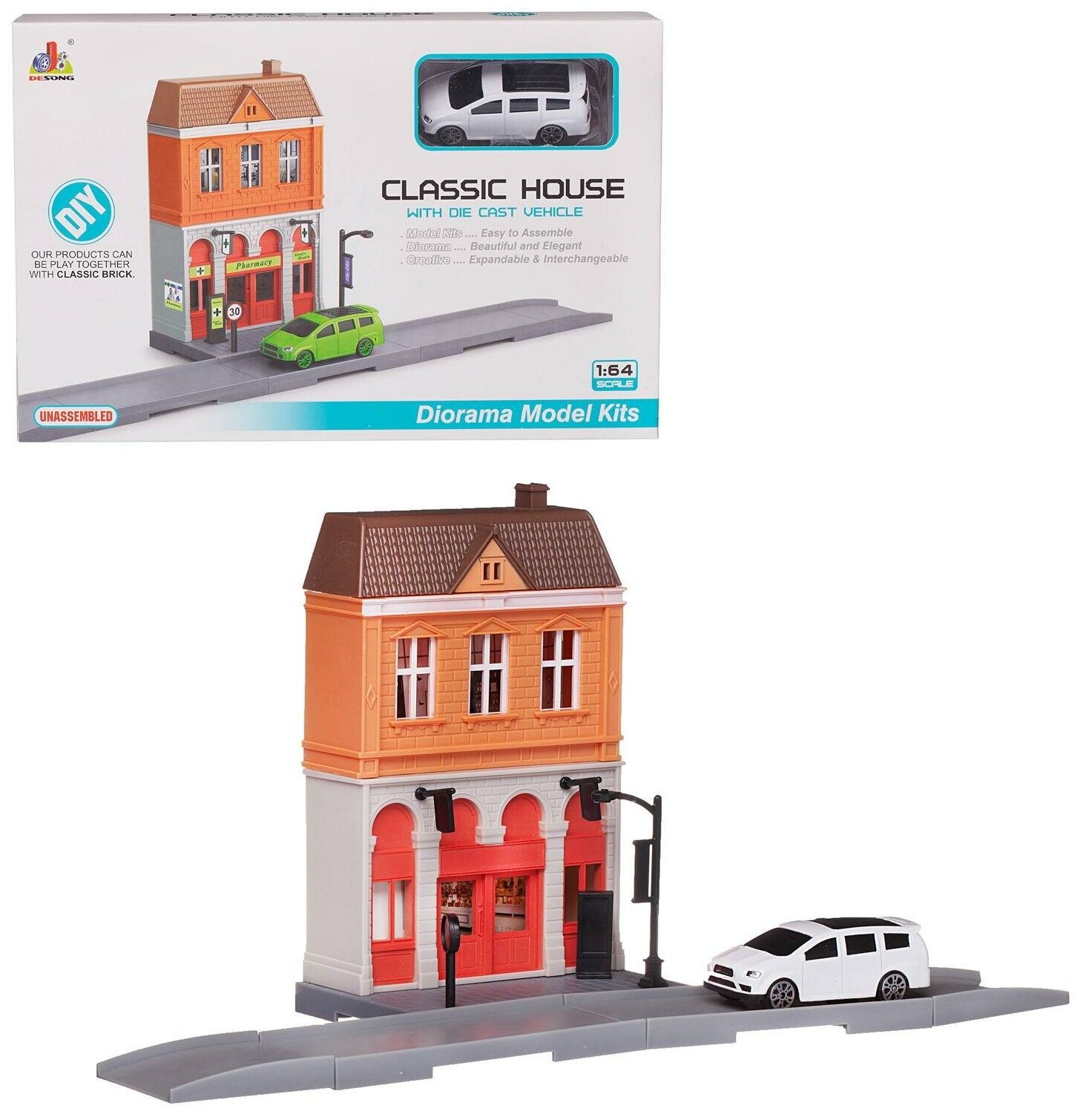 Конструктор Городская улица. Аптека с металлической машинкой 1:64 - Junfa Toys [WT-06128]