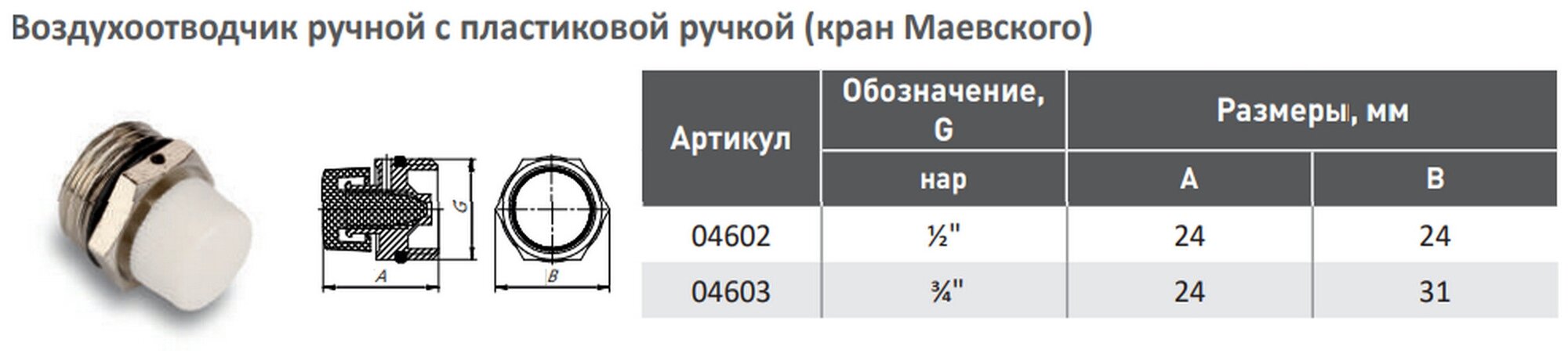 Воздухоотводчик ручной с пластиковой ручкой 3/4', кран Маевского (10 шт)