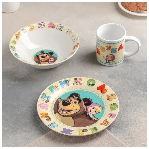 фото Маша и медведь набор посуды «маша и медведь. азбука», 3 предмета: кружка 240 мл, миска d=18 см, тарелка d=19 см
