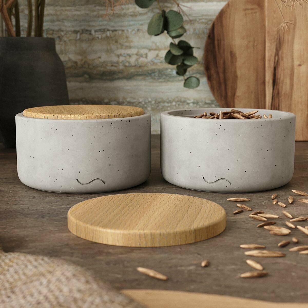 фото Комплект для кухни Astrid 22 (емкости, 12.5х12.5х7 см, с деревянными крышками - 2 шт.), бетон