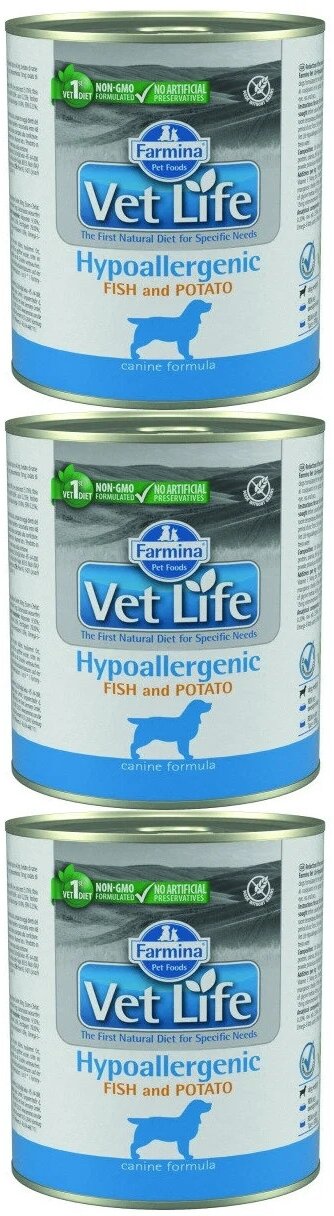 Консервы для собак, Farmina Vet Life, Hypoallergenic, рыба с картофелем, паштет, 300 гр, 3 шт