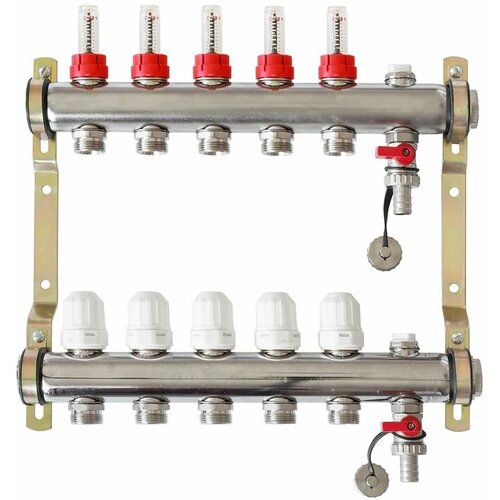 Коллекторная группа с расходомерами и термостатическими вентилями 1" - Т10 - 3/4" ЕК, ℓ = 50 (круглое сечение)