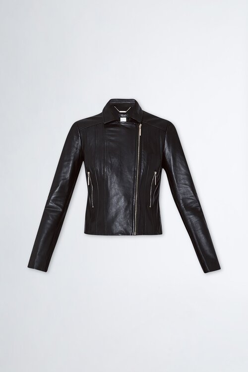 Кожаная куртка  LIU JO демисезонная, укороченная, силуэт полуприлегающий, без капюшона, карманы, размер M, черный