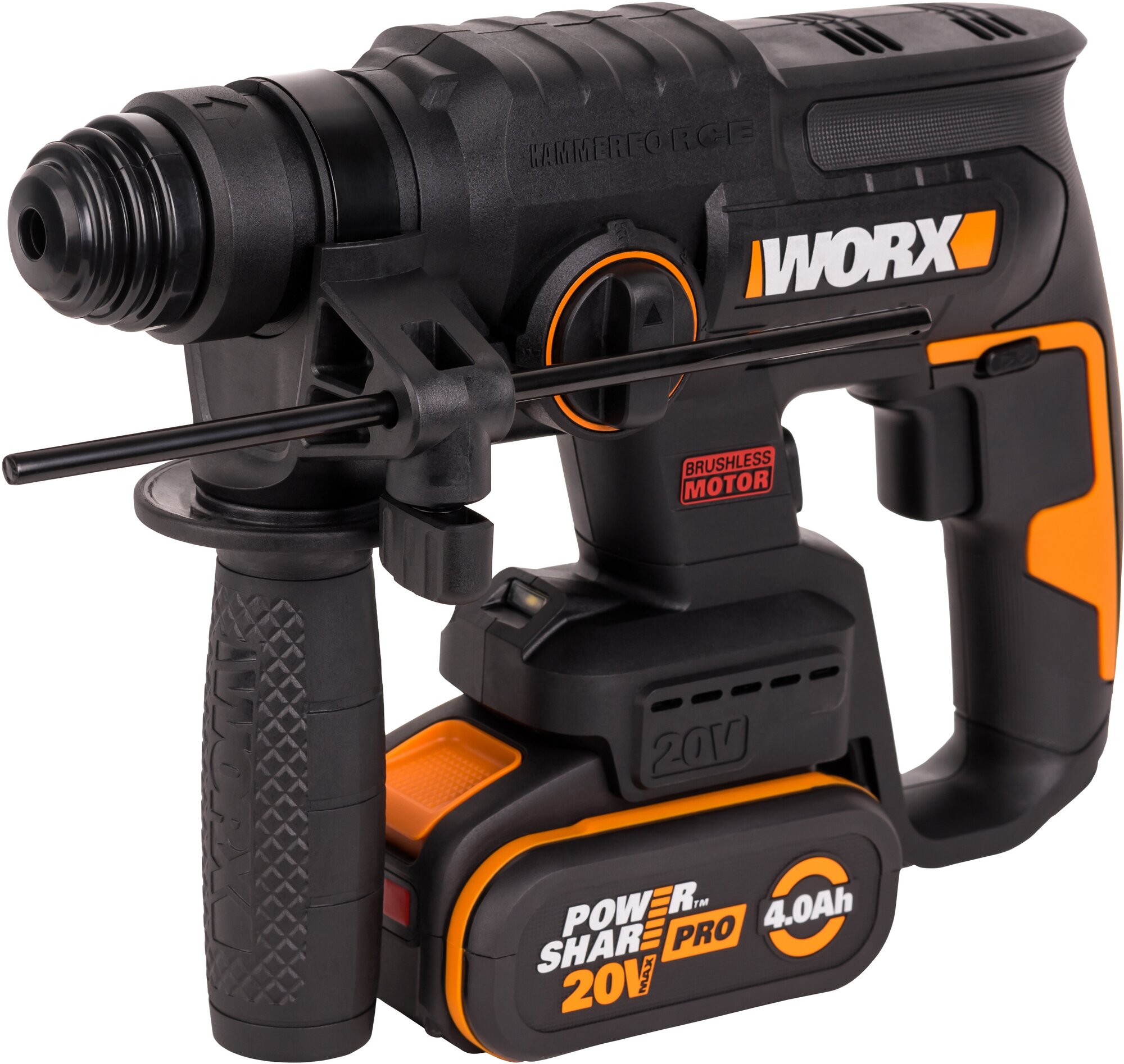 Перфоратор аккумуляторный бесщеточный SDS-plus Worx WX381.1, 20 В Li-ion 1x4 Ач, 2 Дж