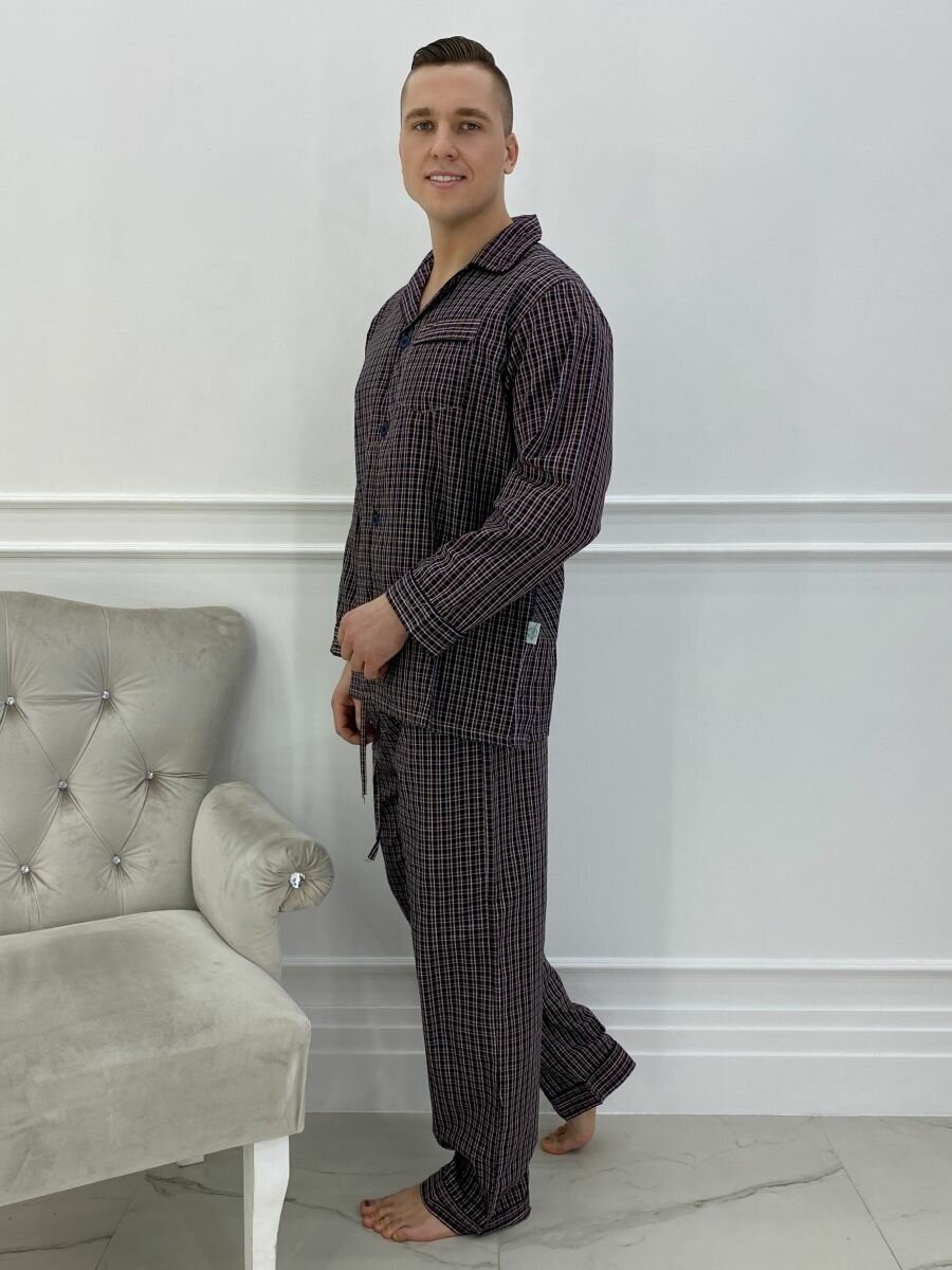 Пижама мужская в клетку с брюками и рубашкой с длинным рукавом хлопок Global - фотография № 4