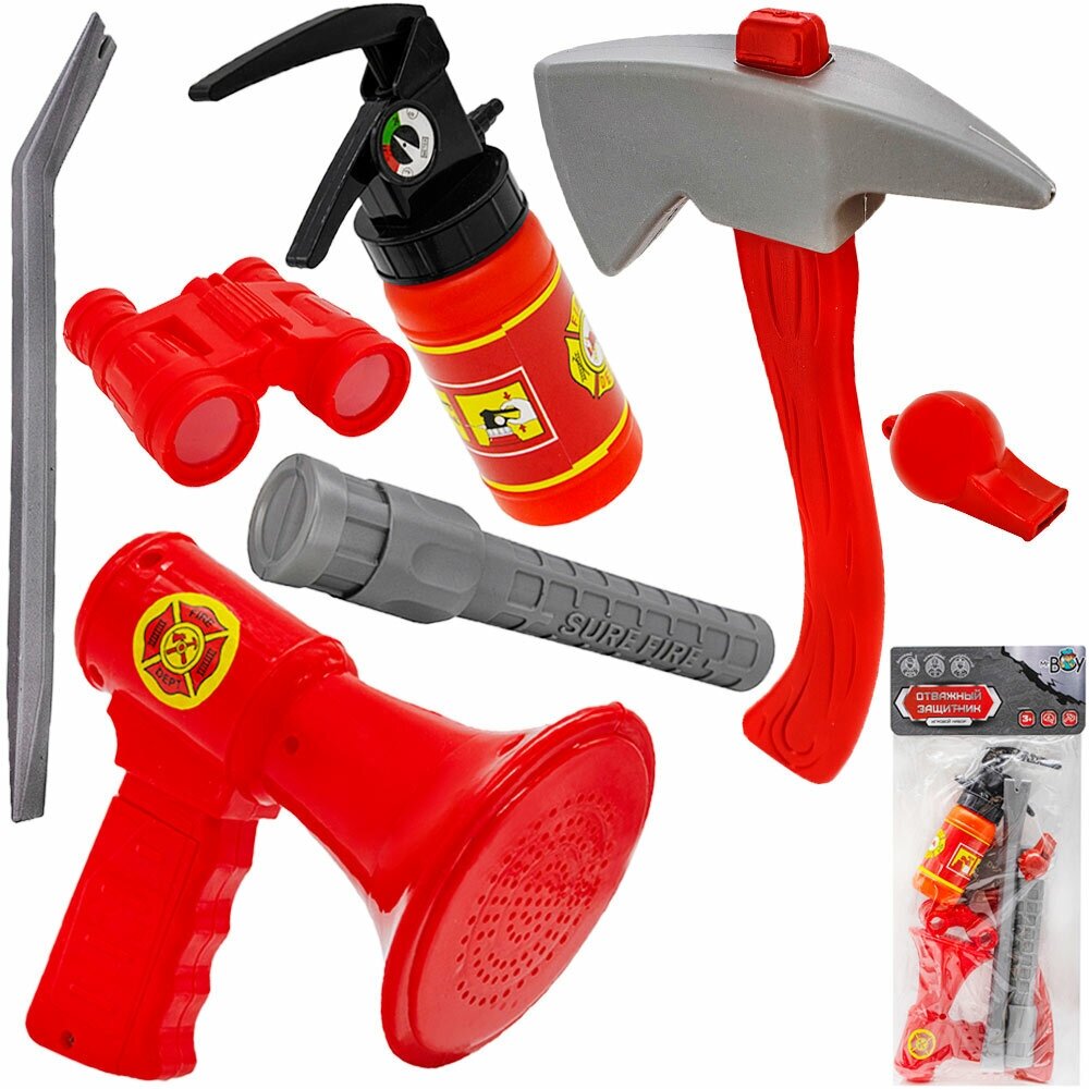 фото Набор пожарного Mr. BOY огнетушитель-пульверизатор, рупор, топор, свисток, гвоздодер, в пакете, 88F03YS (0756997FCJ)