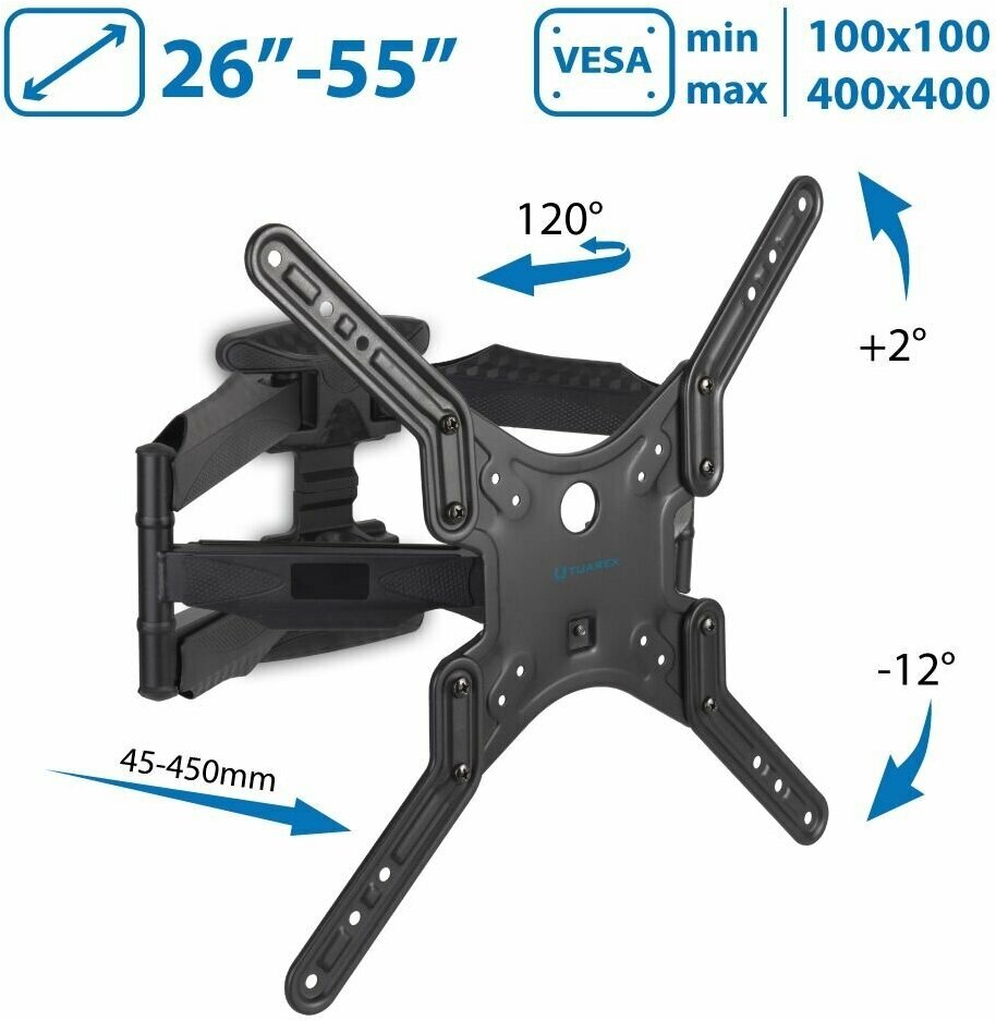 Кронштейны для техники Kromax Кронштейн настенный Tuarex ALTA-407 26-55" (наклон +2/-12°, поворот 120°, до 36 кг, черный)