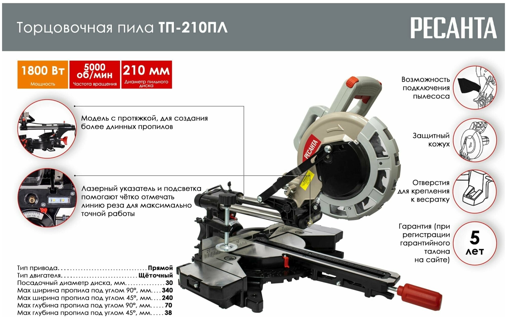 Торцовочная пила ТП-210ПЛ Ресанта