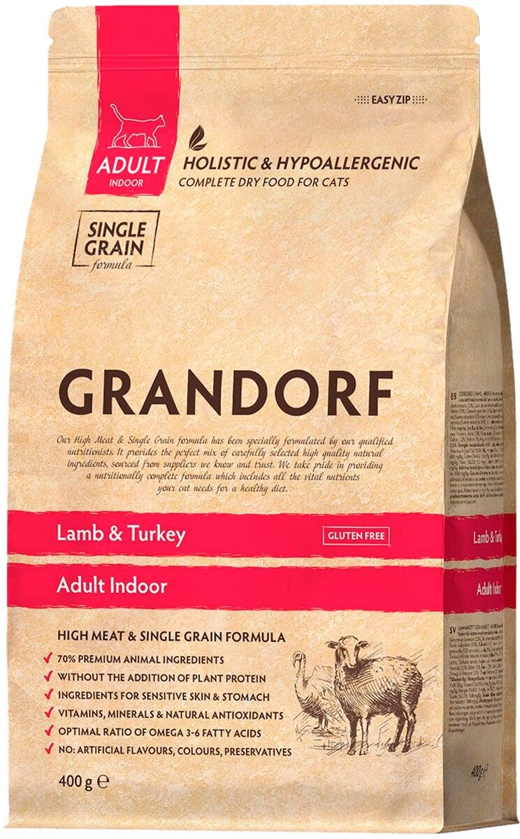 Сухой корм GRANDORF SINGLE GRAIN CAT ADULT INDOOR LAMB & TURKEY низкозерновой для взрослых кошек живущих дома с ягненком и индейкой (0,4 кг)