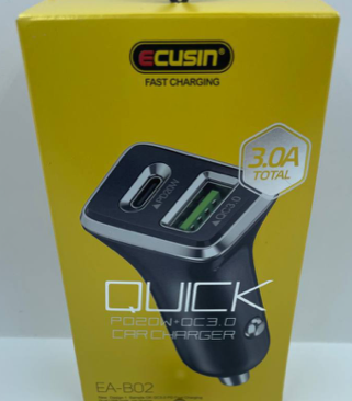 Автомобильное зарядное устройство ECUSIN PD20W + QC3.0 / Быстрая зарядка в прикуриватель, Черный