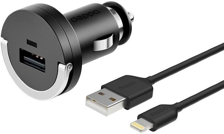 Автомобильное зарядное устройство Deppa USB 1,2А, витой дата-кабель 8-pin Lightning, Ultra MFI, черный