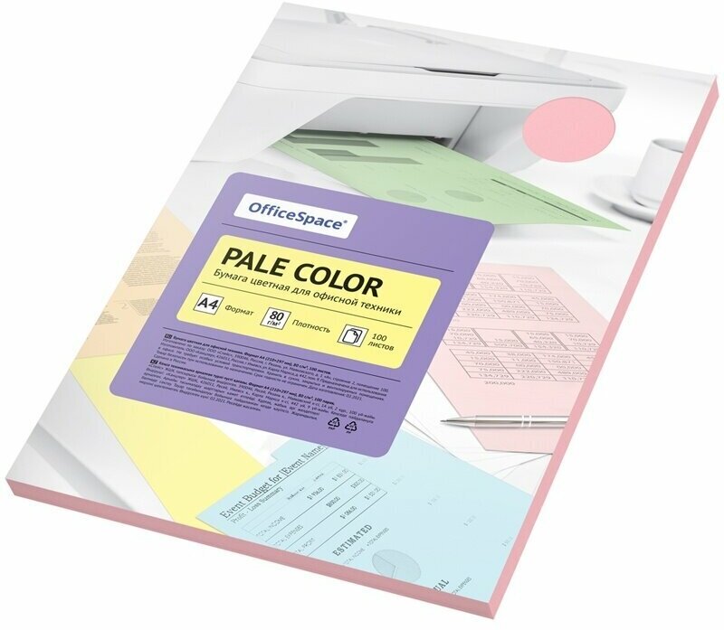 Бумага цветная ArtSpace OfficeSpace, Pale Color, A4, 80 г/м, 100 листов, розовый (PC_38235)