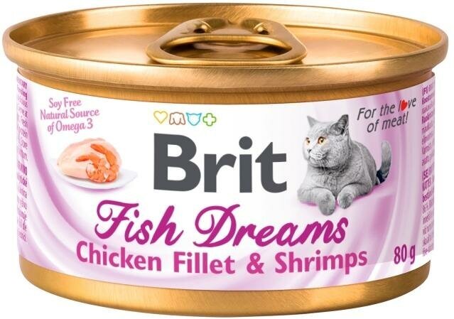 BRIT 80грх12шт Корм кон для кошек Fish dreams chicken&shrimps Куриное филе и креветки - фотография № 2