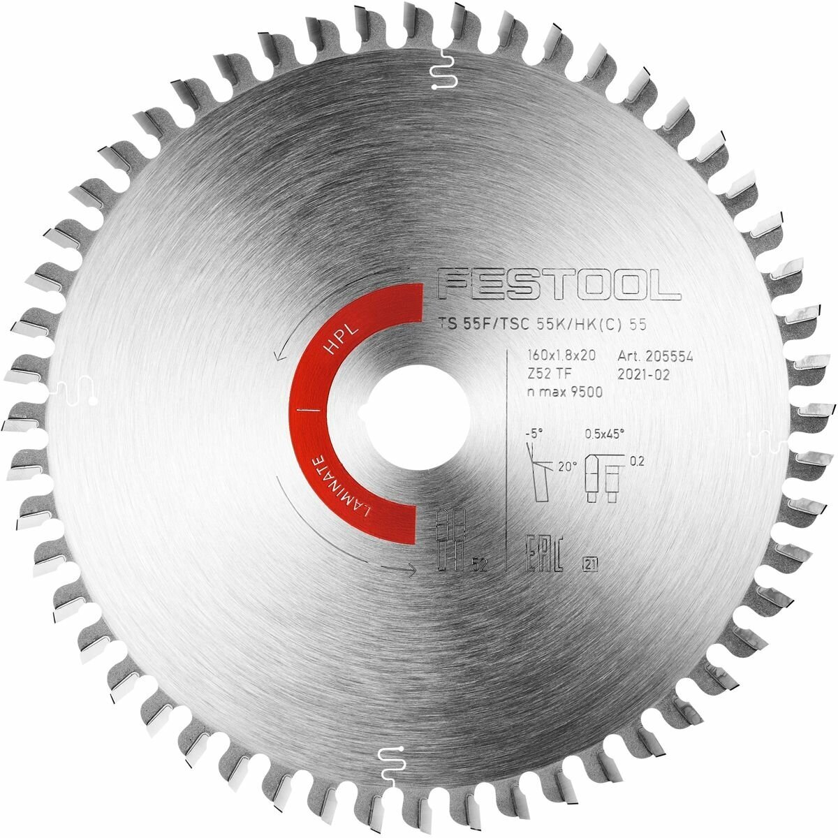 Пильный диск Festool HW 160x1,8x20 TF52 LAMINATE/HPL 205554