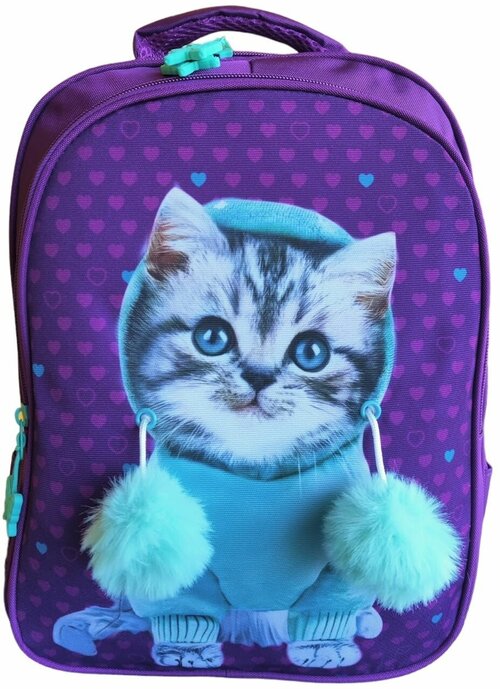 Школьный рюкзак для девочки с помпончиками фиолетовый