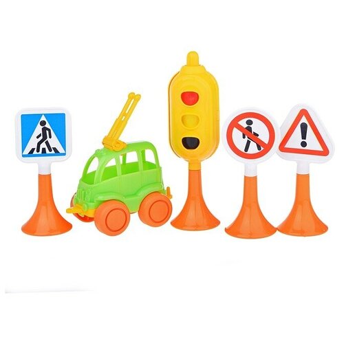 машинка игрушечная такси нордик желтый 1 упаковка Набор Дорожные знаки №2 (светофор, 3 знака, машинка Нордик)