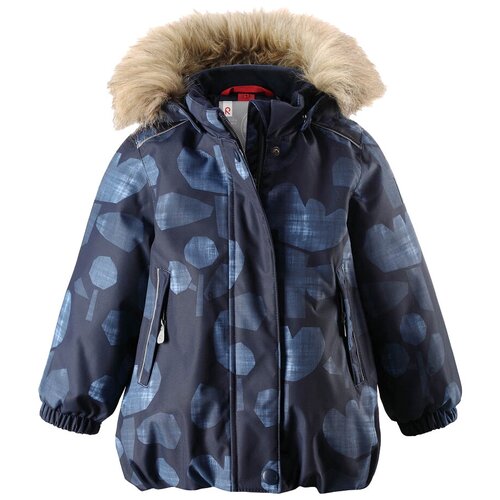 фото Бомбер reima для девочек, зимний, карманы, капюшон, отделка мехом, размер 86, синий