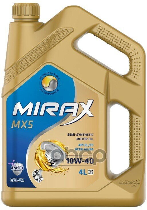 MIRAX Масло Моторное Полусинтетическое Mirax Mx5 Sae 10W-40 Acea A3/B4 Api Sl/Cf 4Л