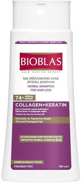 BIOBLAS Шампунь для придания объема тонким волосам против выпадения с коллагеном и кератином, 360 мл