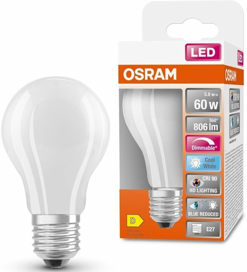 Лампочка светодиодная Osram 58W=60W 220V E27 Груша матовая A 806Лм Диммируемая Филаментная 4000K упаковка 1шт.